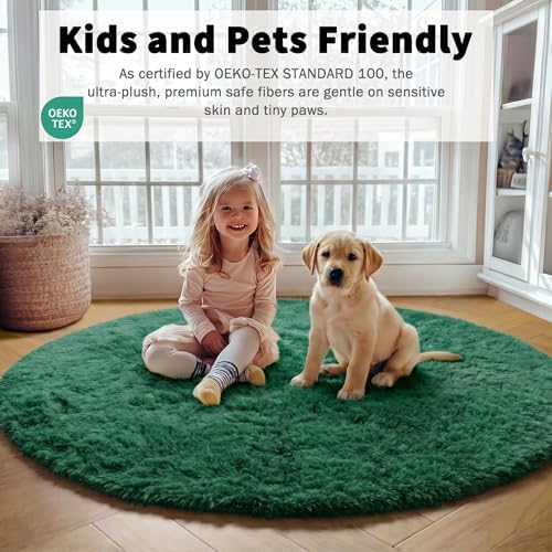 Dark Green Fluffy Round Rug Circle Area Rugs 4ft - Image 3