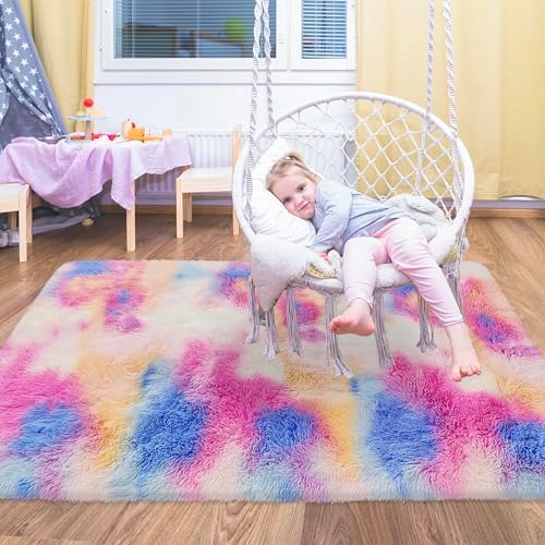 Small Fluffy Colorful Rug for Bedroom Girls 3x5 Kawaii Rainbow Tie Dye Area Rug - Image 5