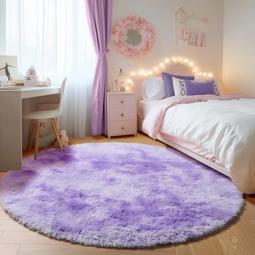 Tie-Dye Purple Fluffy Round Rug Circle Area Rugs 4ft - Image 3