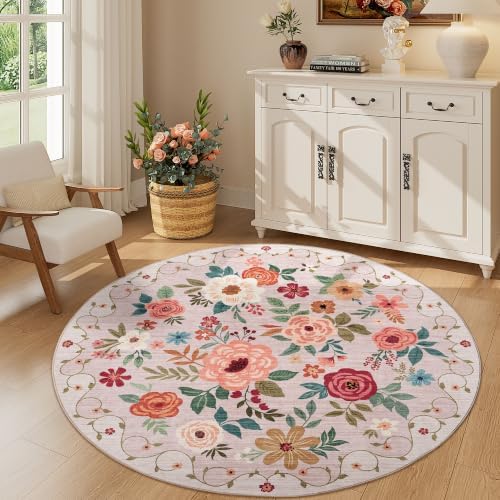 DUKINO 5ft Round Rug, Non Slip Floral Washable Small Circle Rug - Image 4
