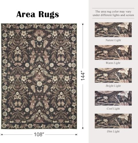 Black Boho Floral Rug 9x12, Washable Area Rugs - Image 2