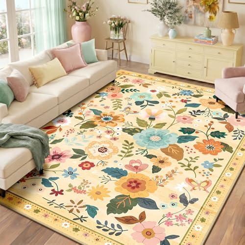 RELEANY Floral Washable 8x10 Area Rugs Yellow/Orange by RELEANY