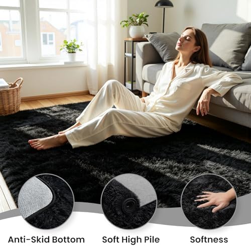 6x9 Fluffy Area Rug for Living Room: Soft Non-Slip Black Bedroom Carpet - Image 5