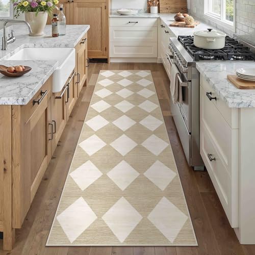 PureCozy 2'6x8 Washable Runner Rug Kitchen Beige Non Slip Checkered Carpet - Image 2
