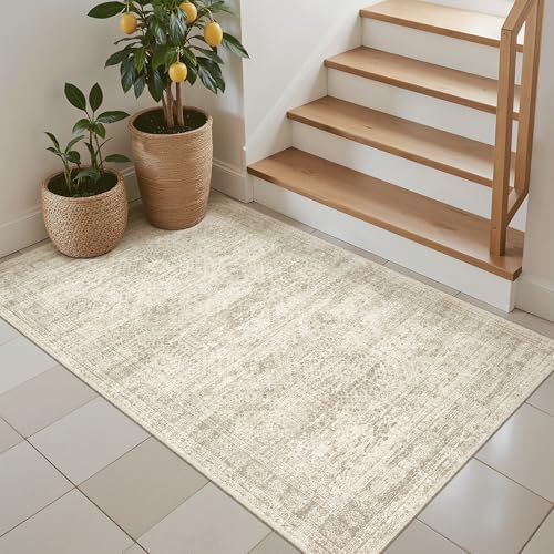 Soalmost 3x4 Rugs Non-Slip, Small Washable Kitchen Entryway Area Rug Beige - Image 3