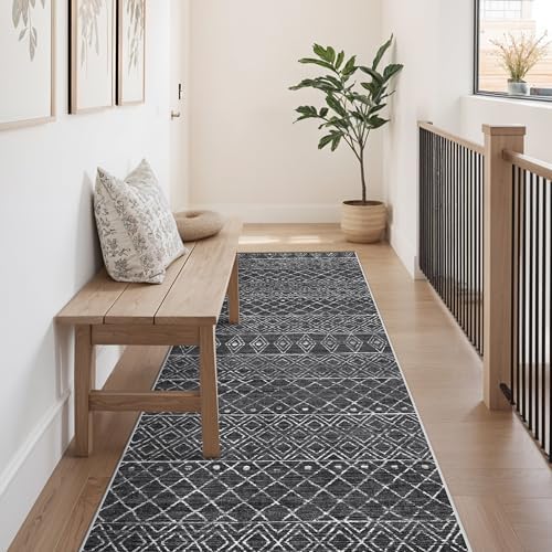Moroccan 2'6"x8' Hallway Runner Rug: Washable Non Slip Soft Rugs Black by BYYVOORugsforYourHome