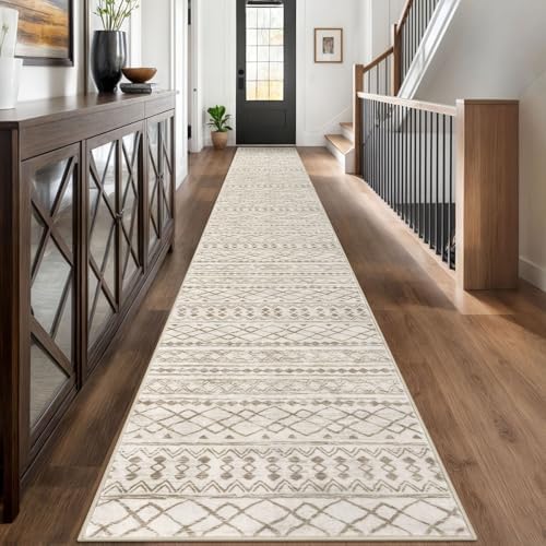 KUTA Long Hallway Runner Rug 2.6x18 Washable, Moroccan Vintage Beige Boho by KUTA