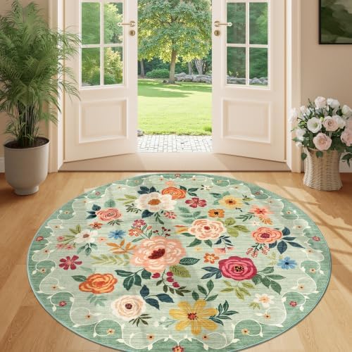 DUKINO 5ft Round Rug, Non Slip Floral Washable Small Circle Rug - Image 4