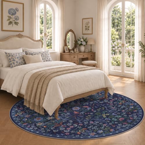 Round Rug 6ft Floral Circle Rug Blue Botanical Indoor Area Rugs - Image 3
