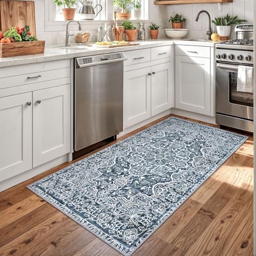 KUTA 3x5 Entryway Rug Washable Area Rugs Vintage Kitchen Rugs Blue White - Image 3
