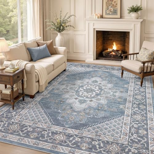 Tortania Area Rug 9x12 Living Room Rug Washable Soft Blue by Tortania
