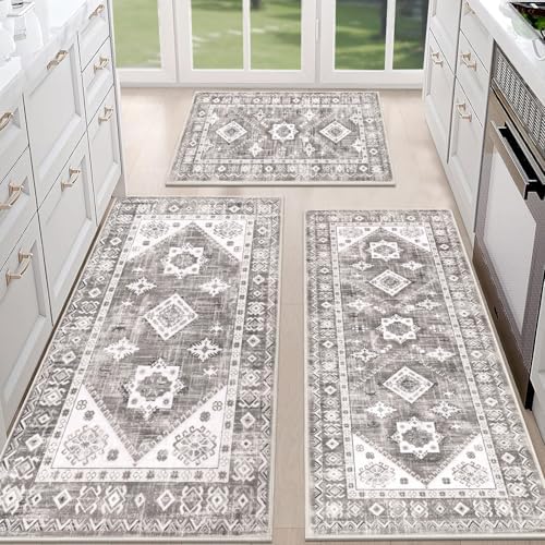 HEBE Boho Kitchen Rugs Set of 3, Non Slip Washable Kitchen Mats by HEBE