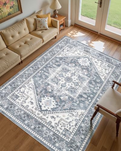 Washable Area Rug-10X14 Vintage Neutral Soft Blue - Image 3