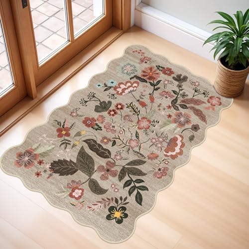 2x3 Small Area Rug for Entryway: Washable Soft Floral Scalloped Rug Brown by BYYVOORugsforYourHome