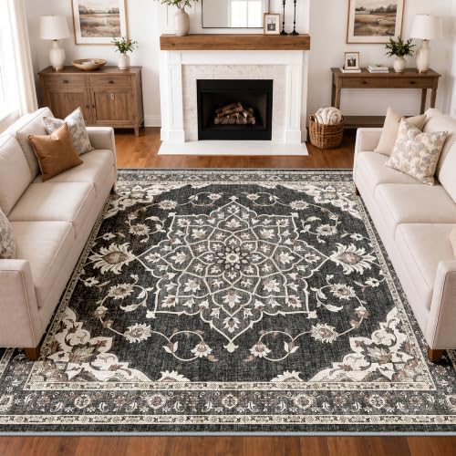 8x8 Square Washable Vintage Large Rugs Soft Low Pile Non-Slip Thin Area Rug by HYHAOYUNLAI