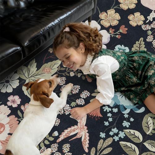 DCX Black Floral Rug 5x7, Washable Black Rug - Image 2