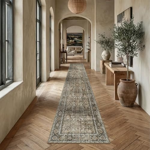 PureCozy Brown Runner Rug 2.6x14 Vintage Traditional Distressed by PureCozy