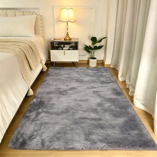 3x5 Light Grey Fluffy Area Rug for Bedroom and Living Room, Washable Soft Shag - Image 2