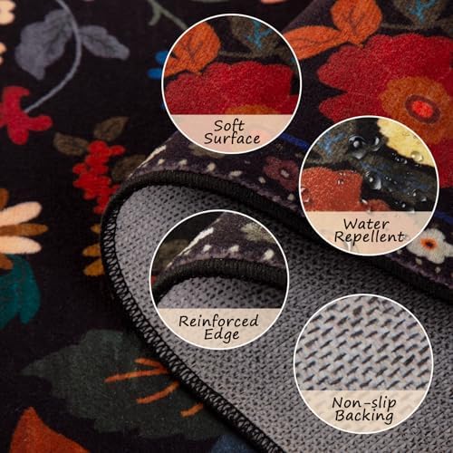 Floral Washable 2x6 Area Rugs Runner Entryway Hallway Black - Image 3