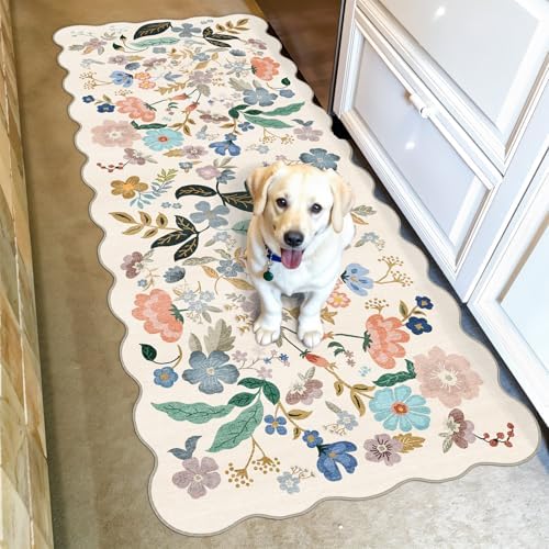 Hallway 2x5 Washable Runner Rug: Stain Resistant Floral Scalloped Rug by HYHAOYUNLAI