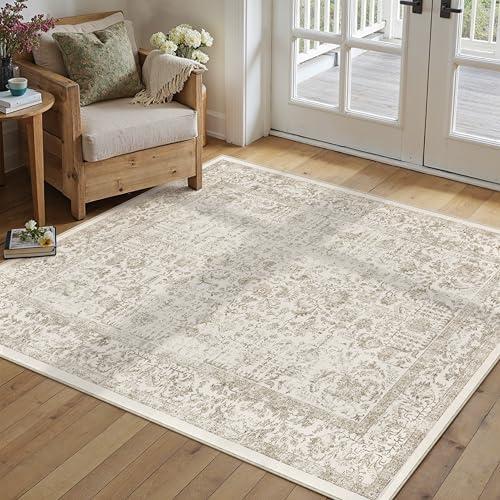 PureCozy Light Brown Small Area Rug 4x5 Vintage Floral by PureCozy