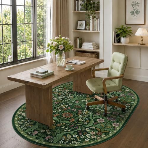 4x6 Oval Washable Rug Green Floral Rug Non-Slip Indoor Carpet - Image 4