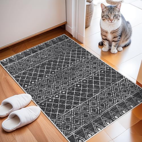 2x3 Entryway Small Area Rug: Washable Moroccan Geometric Door Mat Black by BYYVOORugsforYourHome