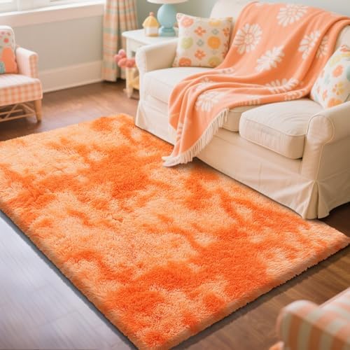 Mottled Orange 3x5 Rugs for Bedroom, Fluffy Rug Small Carpet Bedside Rug by Yongyangjuxi