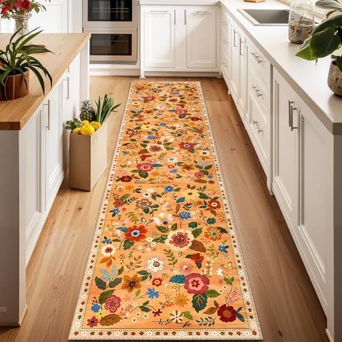 Floral Washable 2x8 Area Rugs Runner Entryway Hallway Orange/Yellow/Red by RELEANY