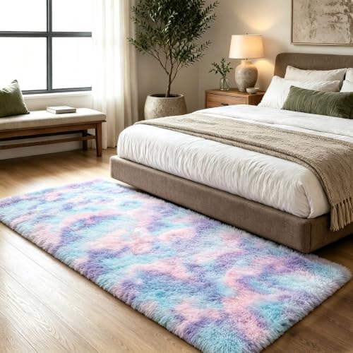 2x6 Blue Rainbow Fluffy Runner Rug - Image 3