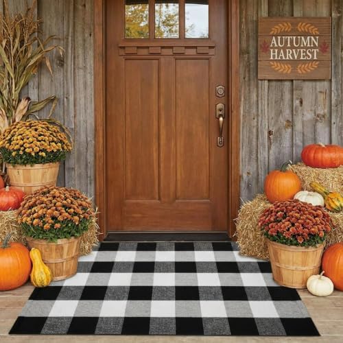 SEEKSEE Fall Decor Buffalo Plaid Outdoor Rug 27.5x43 Black and White Front Door by SEEKSEE
