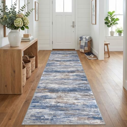 KOZYFLY Modern Wide Hallway Runner Rug 3x12 Washable Rug Runner Blue Rust by KOZYFLY