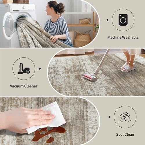 8x10 Area Rugs for Living Room: Washable Abstract Brown White Carpet - Image 4