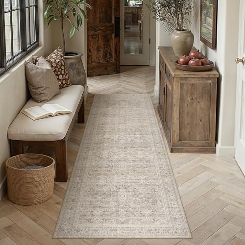 HUGEAR 2x8 Beige Vintage Distressed Washable Runner Rug by HUGEAR