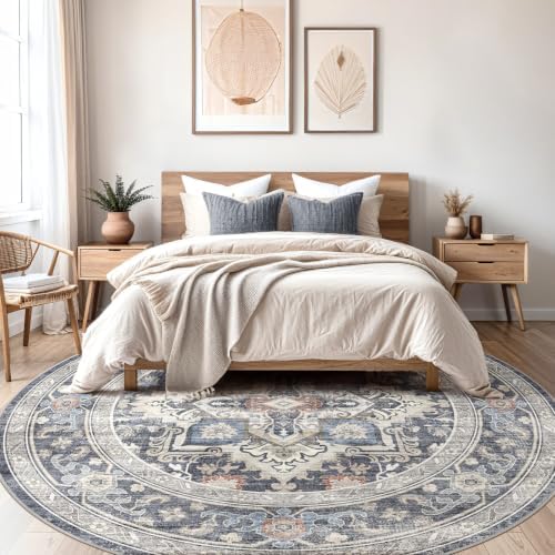 Round Washable Area Rug 8ft, Boho Vintage Distressed Oriental Medallion - Image 2