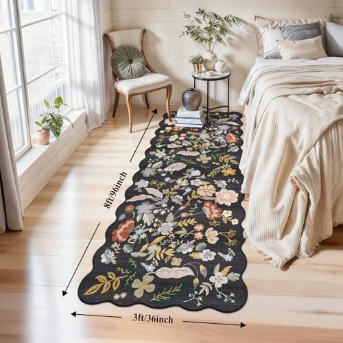 3x8 Floral Runner Rug for Hallway: Washable Wide Soft Carpet Runner Black - Image 2