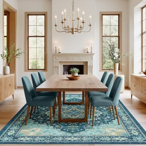 Amada Vintage Washable Area Rug, Teal Blue - Image 2