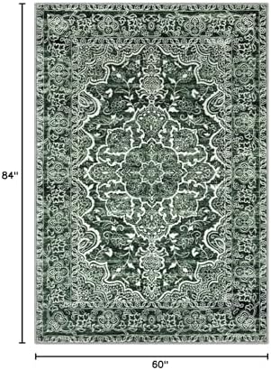 KUTA Vintage Area Rug 5x7 Dark Green Washable Floral Rugs - Image 2