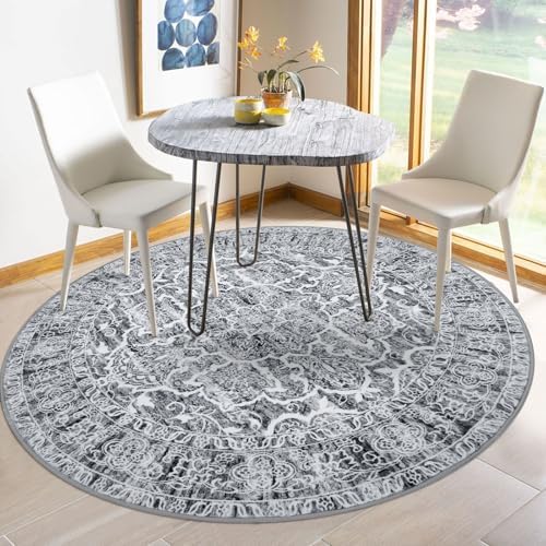 KUTA Vintage Round Rugs 5ft Grey Blue White Washable Circle Rug 5x5 by KUTA