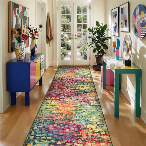 Colorful Abstract 2x6 Washable Runner Rug, Modern Non Slip Runner Rugs by Tangsoo