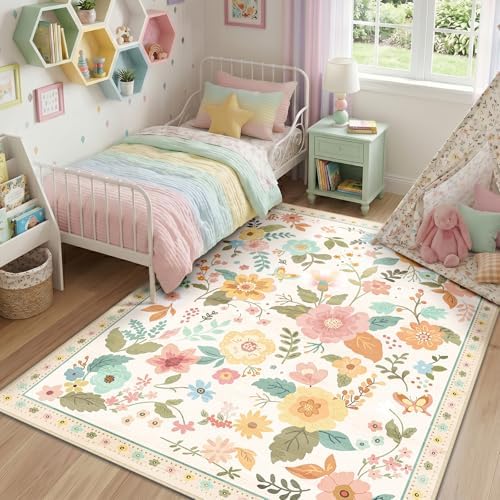 RELEANY Floral Washable 3x5 Area Rugs Beige/White/Orange by RELEANY