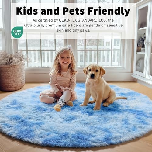 Tie-Dye Blue Fluffy Round Rug Circle Area Rugs 4ft - Image 5