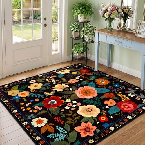 RELEANY Floral Washable Square 5ft Area Rug Black by RELEANY