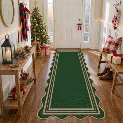 Scalloped 2x6 Christmas Runner Rug, Washable Rugs by LORWER
