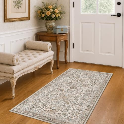 Boho Moss 2x4 Small Rugs for Entryway, Vintage Washable Low Pile & Soft Throw by HazoHaus