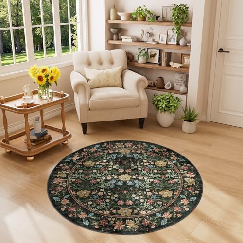 DUKINO 4ft Round Rug, Washable Vintage Floral Area Rug by DUKINO