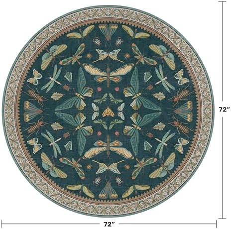 Washable Teal Round Rug 6ft, Non Slip Boho Carpet - Image 2