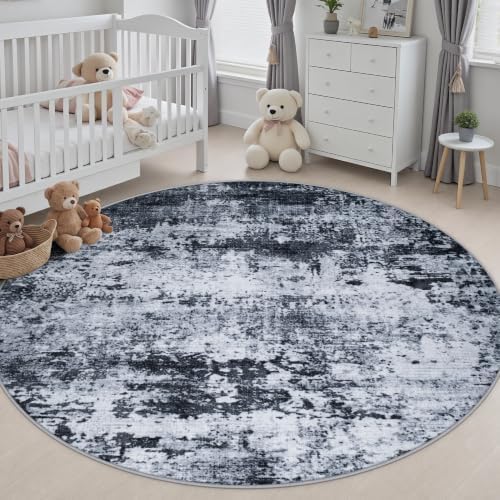 Round Area Rug Living Room: 8 ft Modern Washable Carpet Black - Image 5