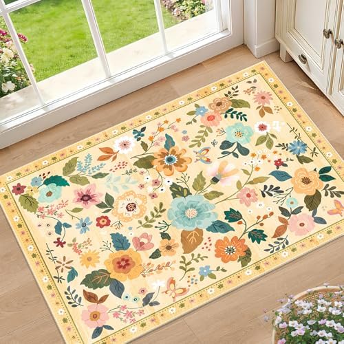 RELEANY Floral Washable 2x3 Area Rugs Doormat Yellow/Orange by RELEANY