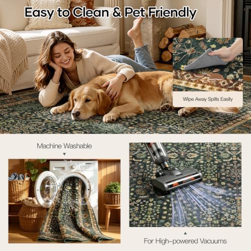 Lofus 5x7 Washable Area Rug for Living Room, Non-Slip Green Boho Carpet - Image 4